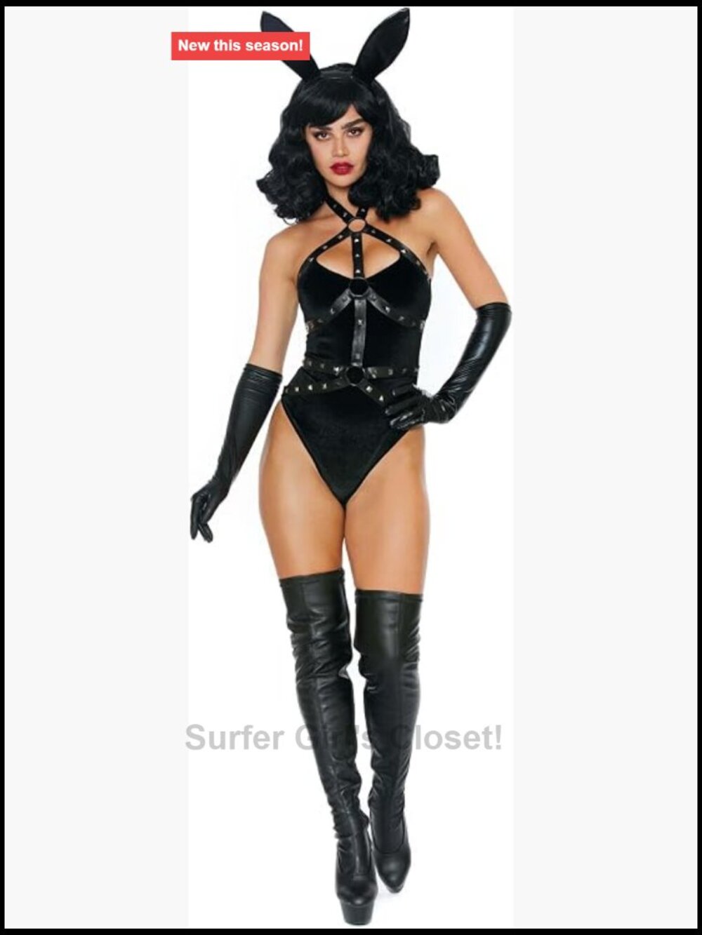 Bad Girl Bunny Costume Velvet Bodysuit Faux Leather Straps Tail Halloween